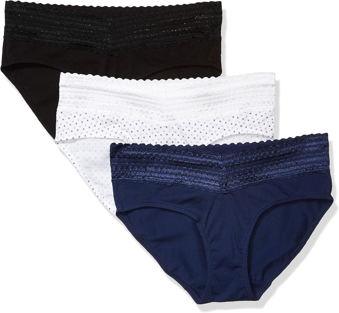 Warner's Women's No Pinching No Problems 3 Pack Cotton Hipster with Lace Panties, black/Navy Ink/Print, S