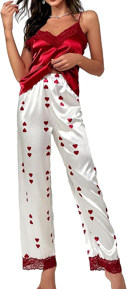 Women's 2 Piece Pajama Set Satin Heart Print Lace Trim Cami Top and Pants Pj Set Soft Sleepwear Red Medium