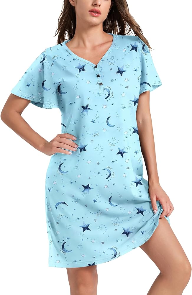 ENJOYNIGHT Womens Cotton Nightgown Nightshirt Button Down Sleep Shirt