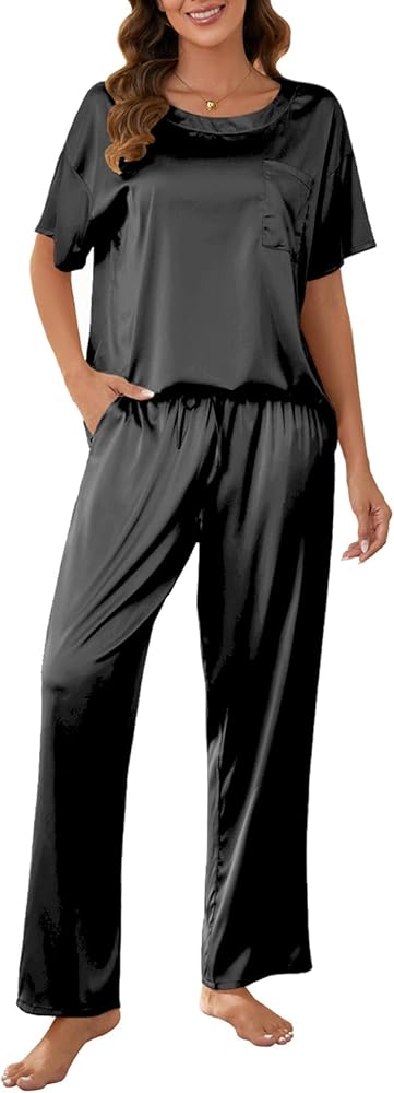 MOYEE Women's Silk Pajama Sets Satin 2 Piece Loungewear Silky Top and Pants with Pockets