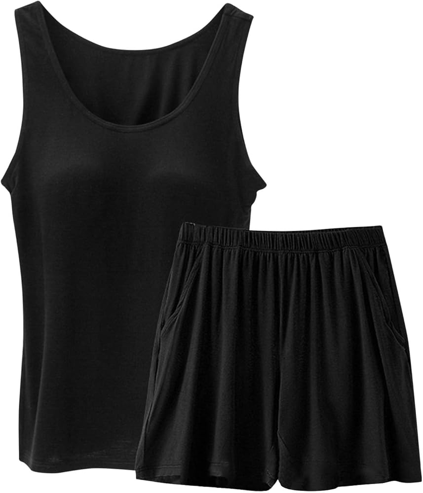 Womens Lounge Sets Sleeveless Tank Top with Built in Bra Shorts Set 2 Piece Homewear Comfy Sleepwear Pajamas Sets