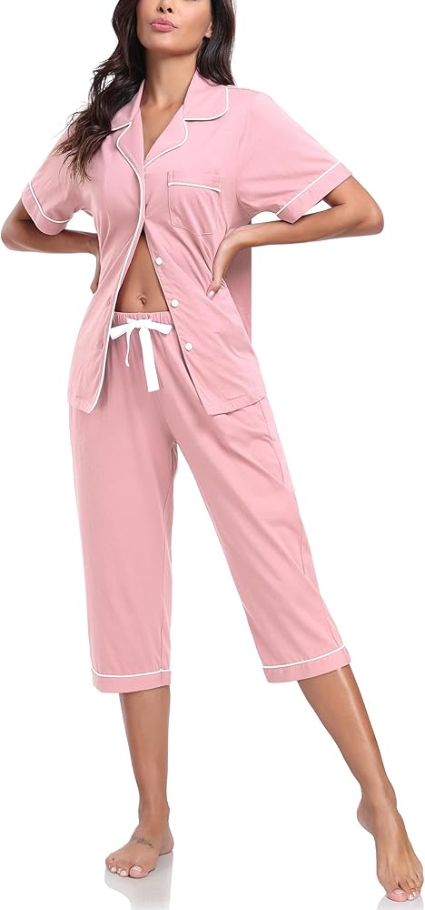 COLORFULLEAF Women's Pajama Sets 100% Cotton Summer Short Sleeve Capri Pajamas for Women Set Button Down Pjs Soft Sleepwear