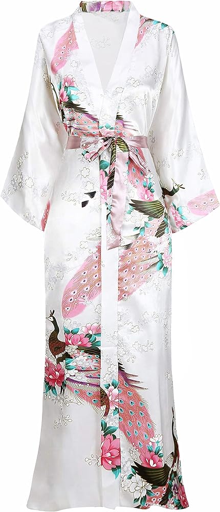 BABEYOND Women's Kimono Robe Long Satin Robes with Peacock and Blossoms Printed Kimono Nightgown