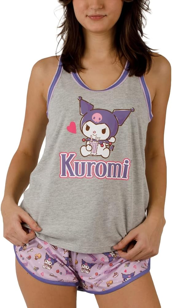 Bioworld Kuromi Milkshake Women's Racer Back Tank Top & Dolphin Lounge Shorts Sleepwear Set