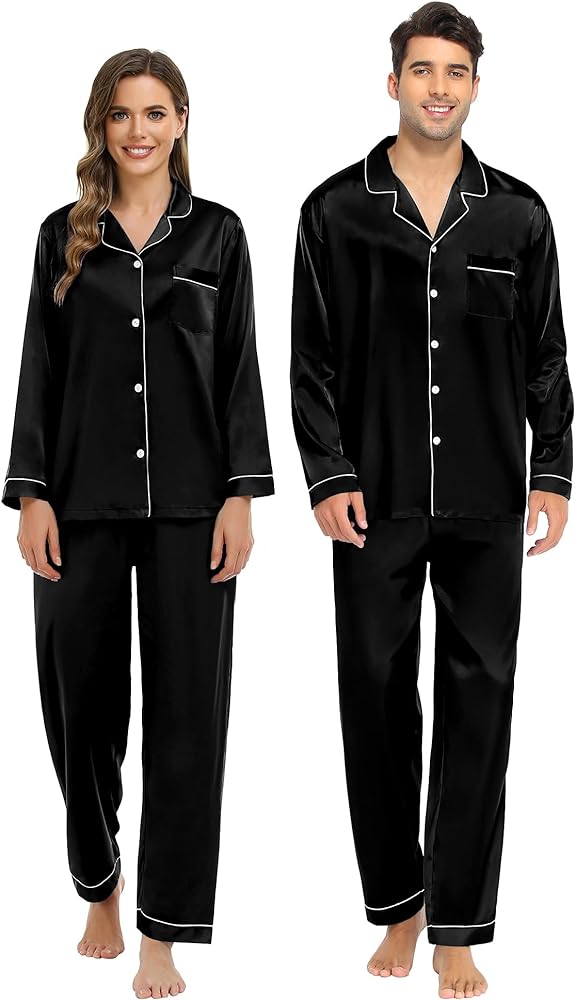 SWOMOG Couple Matching Pajamas Set Silk Satin Button Down Sleepwear Long Sleeve Nightwear 2 Pcs Pj Set