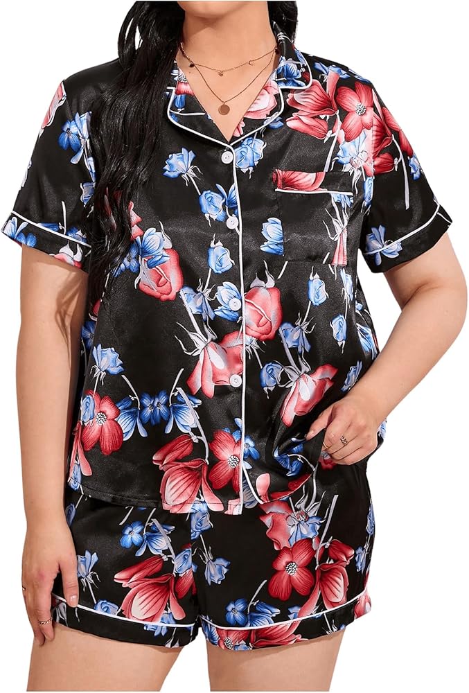 WDIRARA Women's Plus Size Satin Floral Short Sleeve Button Up Pajamas Shorts Lounge Set