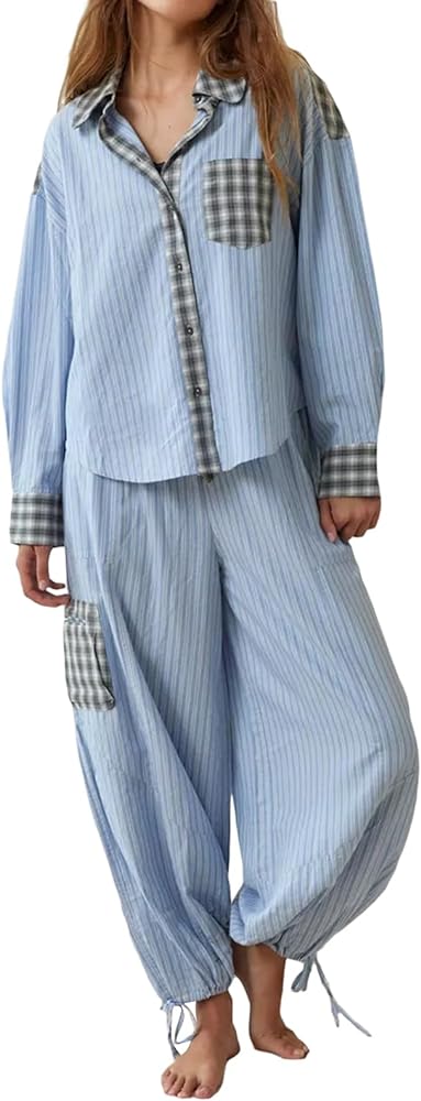 Luckinbaby Women Lounge Y2k Pajamas 2 Piece Set Long Sleeve Button Front Shirt Wide Leg Pants Striped Plaid Pjs Sleepwear