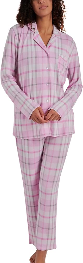 Laura Ashley Women's Long Sleeve Notch Collar PJ Set (Pink Plaid, Large)