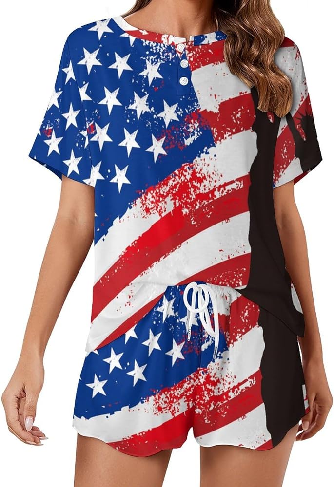 American Flag And Liberty Classic Women's Pajamas Loungewear Set Loose Short Sleeve Sleepwear With Pockets