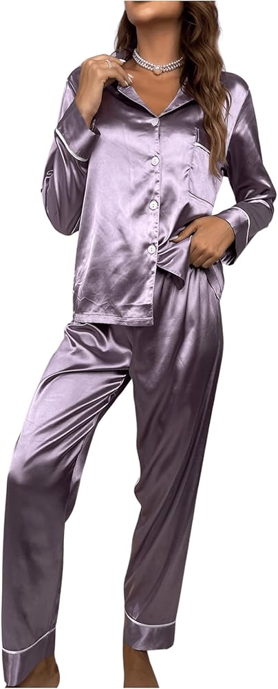 COZYEASE Women's Satin Pajama Sets Stripe Print Button Front Long Sleeve Shirt and Drawstring Pants Set Mauve Purple Large