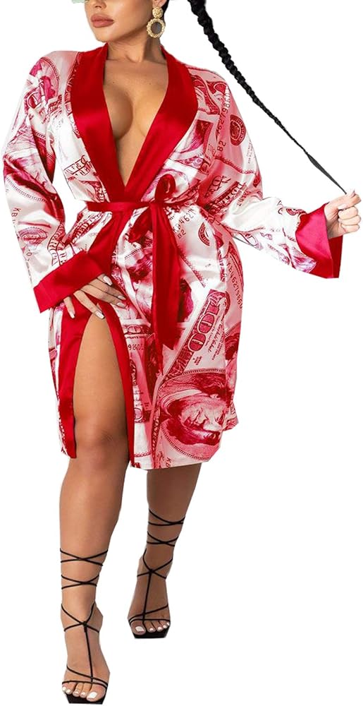 Women Money Print Silky Robes Long Sleeve Dollars Pattern Kimono Satin Robe Pjs Loungewear Sleepwear