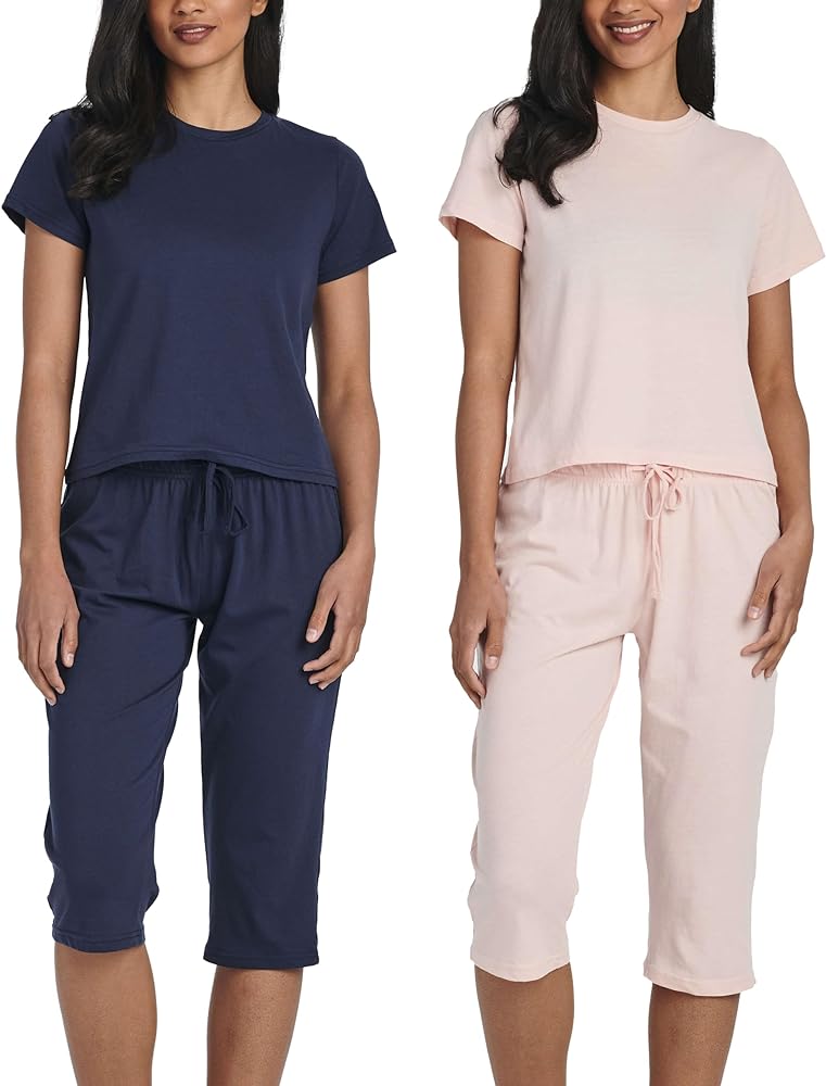 Real Essentials 2 Pack:Women's Cotton Pajamas Short Sleeve Tops and Capri Pants Pjs Sets with Pockets (Available In Plus)