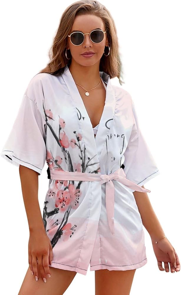 Japanese Cherry Tree Blossom Women's Night Robe Short Bathrobe Soft Sleepwear Lightweight Loungewear Pjs