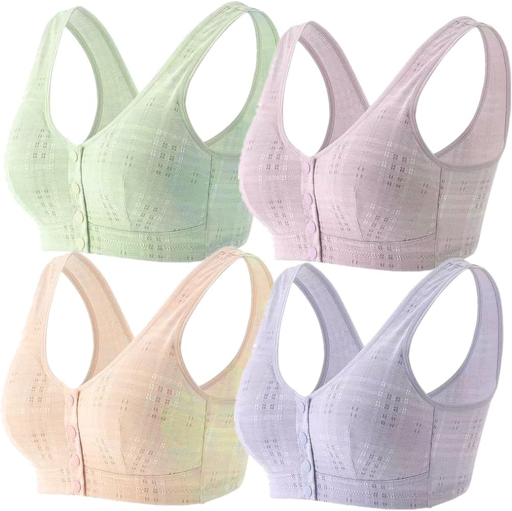 4 Pack Women Cotton Front Button Bra Snap Comfort Sleep Bra, Easy Close Bras Wireless, Seamless T-Shirt Bra