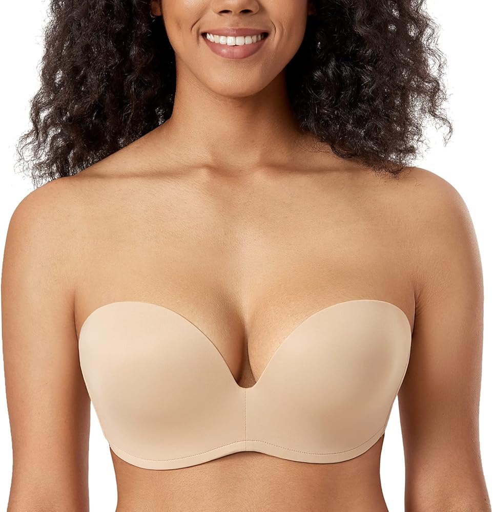 DELIMIRA Women's Strapless Bra Plunge Push Up for Big Busted Seamless Slightly Lined Support Lift Plus Size Invisible