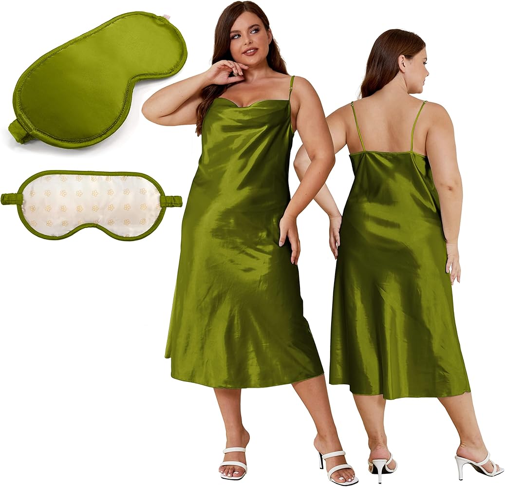 Plus Size Silky Charmeuse Satin Cowl Neck Slip Dress Nightgown Sleepwear Chemise Party Dress Up XL- 4XL