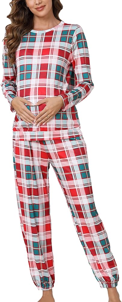 Women's Maternity Pajama Set Casual Christmas Plaid Long Sleeve Sleepwear with Long Pants Soft Loungewear Pj Set Red Green Plaid S