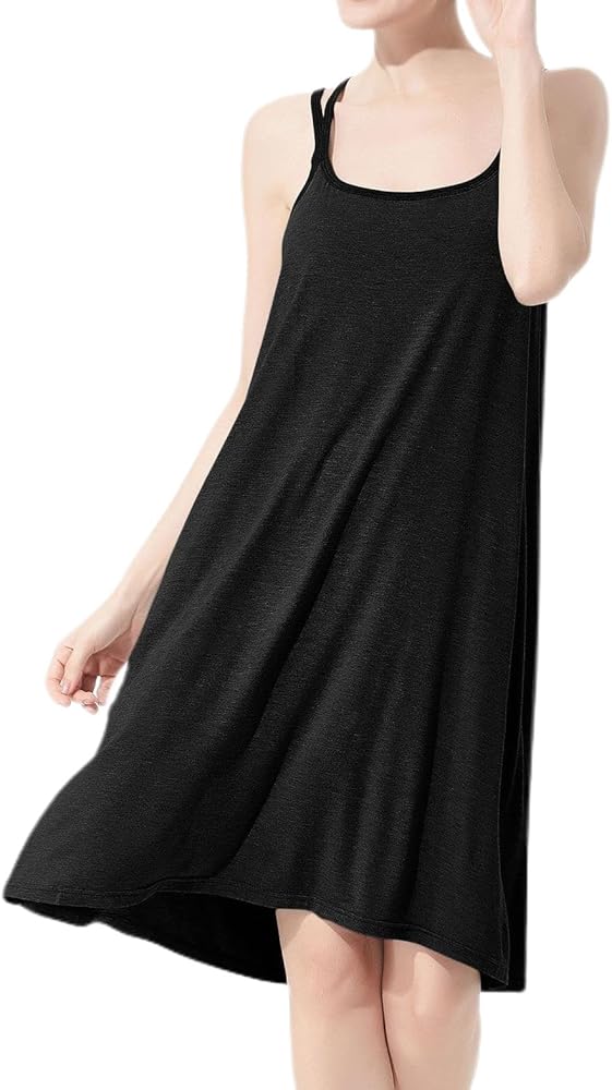 Women's Plus Size Cotton Nightgown Stretch Scoop Neck Sleeveless Midi Sleep Dress Backless Summer Sleepwear