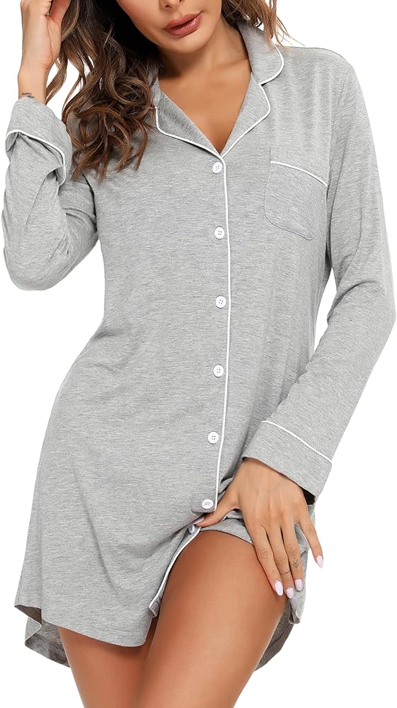 Nightgowns for Women Button Down Nightshirt Short Sleeve Sleepshirt Soft Pajama Dress