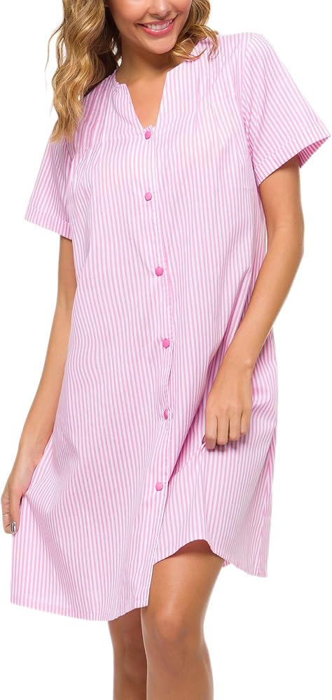 YOZLY House Dress Women Cotton Duster Robe Short Sleeve Housecoat Button Down Nightgown