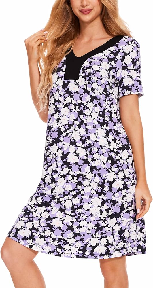 GYS Bamboo Viscose Nightgowns for Women Short Sleeve Sleep shirt Cute Print Design Pajama Dress