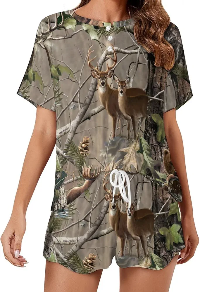 Camo Deer Camouflage Hunting Women’s Pajama Sets Short Sleeve Shirt and Shorts 2 Pieces Loungewear Sleepwear PJ