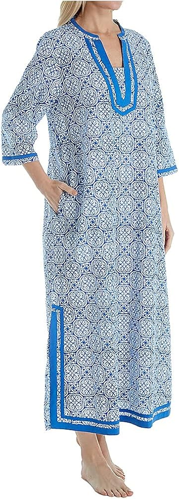 LA CERA Women's 32681 100% Cotton Woven Tile Print Caftan