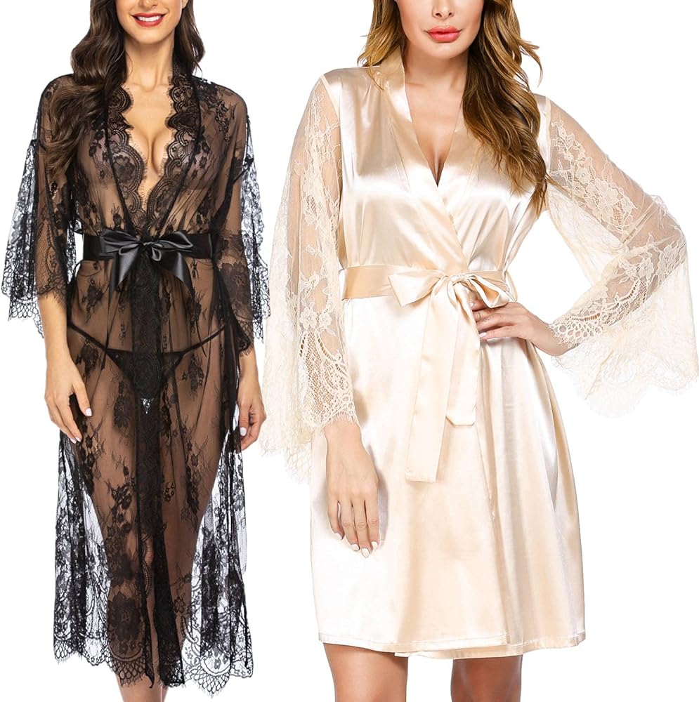 Avidlove Women Sexy Long Lace Lingerie Kimono Robe(Black,L) and Satin Robe for Brides Bridesmaids(Champagne,L)