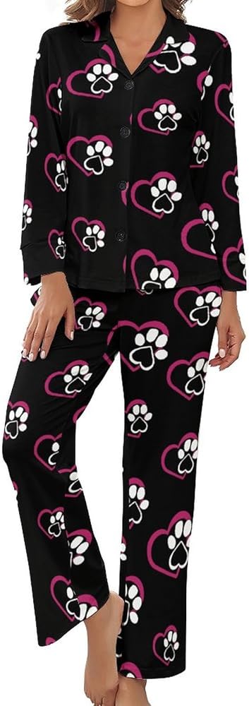 Dog Paw And Heart Casual Women's Pajama Set 2-Piece Sleepwear Long Sleeve Loungewear