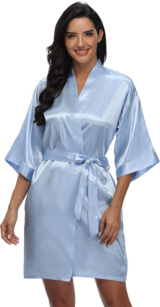 Women's Satin Kimono Robe Wedding Getting Ready Silky Bathrobe Short Bridesmaid Dressing Gown