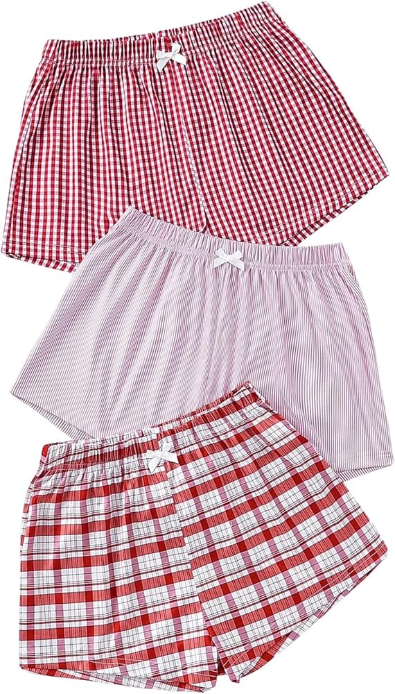 GORGLITTER Women's 3 Piece Bow Plaid Pajama Short Elastic Waist Lounge Sleepwear Cute Pj Shorts