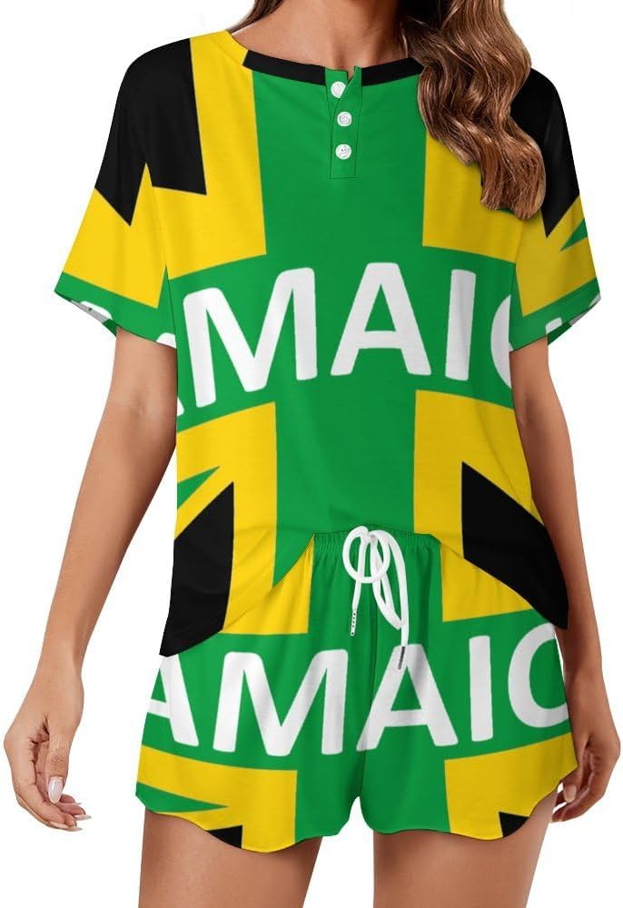 Jamaican Kingdom Flag Classic Women's Pajamas Loungewear Set Loose Short Sleeve Sleepwear With Pockets