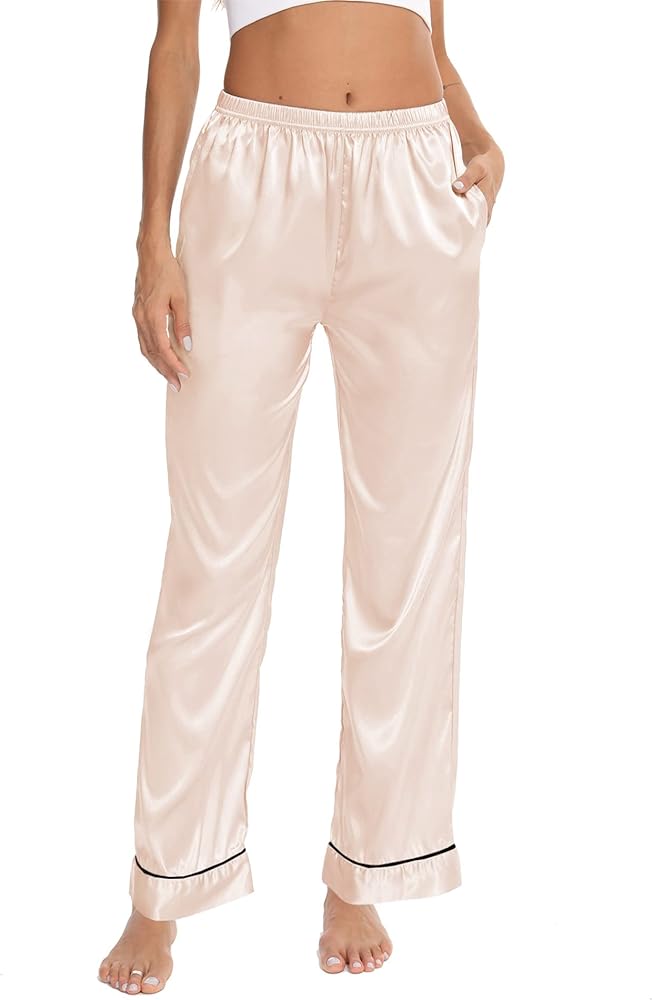 SWOMOG Women's Silk Satin Pants Wide Leg Pajama Bottoms Palazzo Lounge Pants Casual Loose Trousers Pj with Pockets