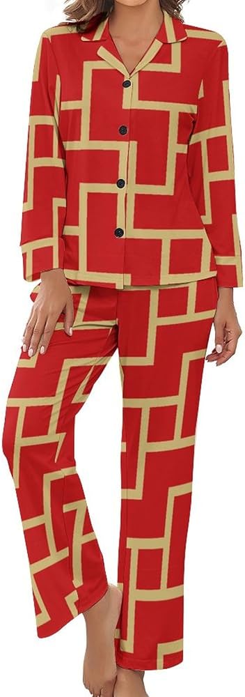 Womens Red Art Pajama Sets Soft Button Down Sleepwear Long Sleeve V-neck Pjs Set Lounge Set