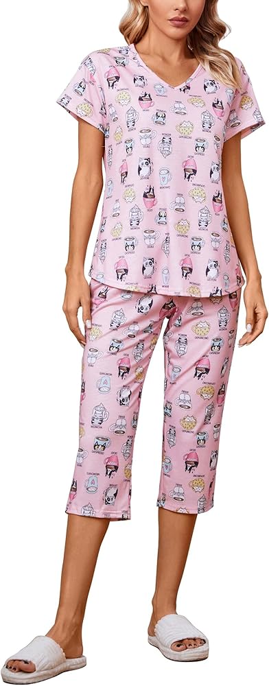 X-Image Pajamas Set for Women Lounge Wear Sets Short Sleeve Top and Capri Pants 2 Piece Outfits Casual PJ Sets S-XXL