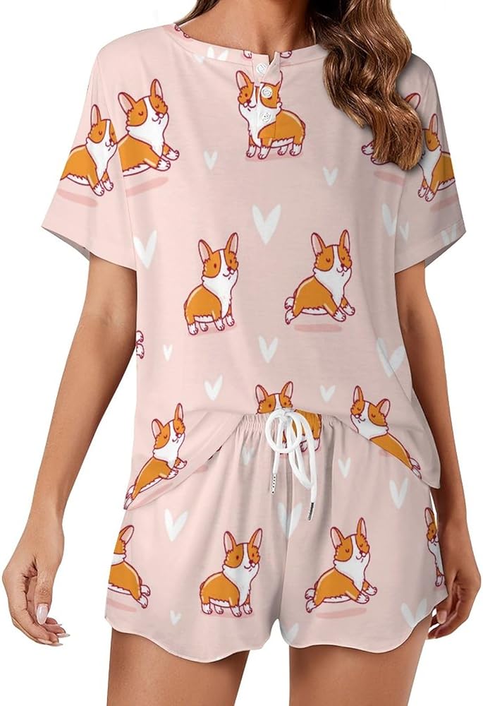 Cute Corgi Pet Classic Women's Pajamas Loungewear Set Loose Short Sleeve Sleepwear With Pockets