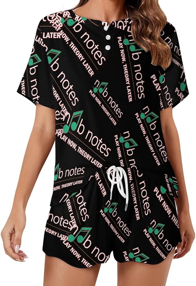 Music Notes Letter Notes Women's 2 Piece Pajamas Short Sleeve Shorts Sleepwear Set Causal Loungewear Home Suit 5XL