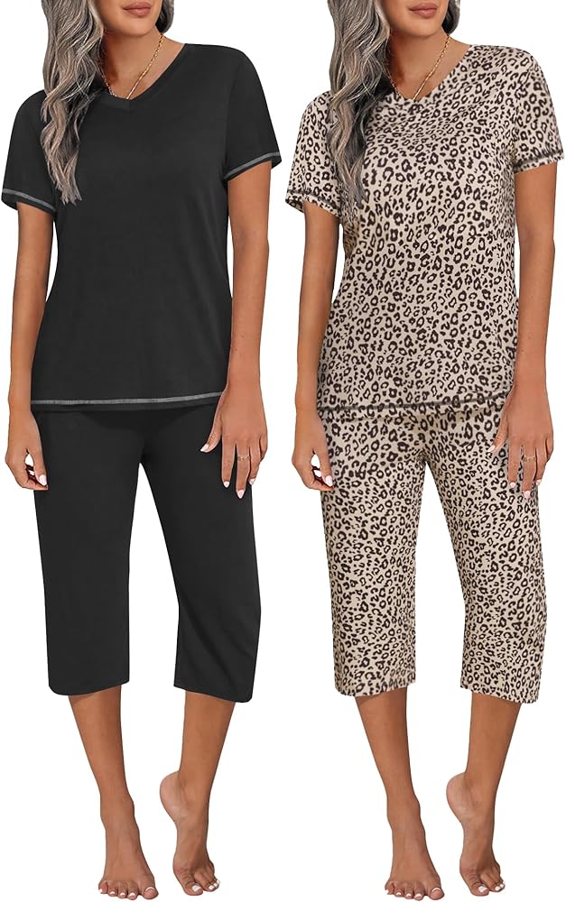 Ekouaer 2 Pack Women's Sleepwear Capri Pajama Sets Short Sleeve Two-Piece Pjs V Neck Tops & Capri Pants with Pockets S-3XL