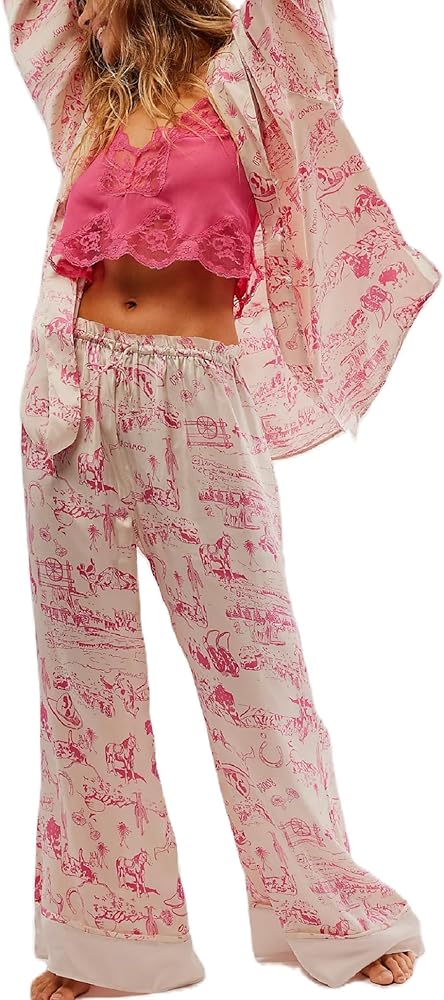 Womens Y2k Silk Pajama Sets Floral Satin 2 Piece Lounge Sets Long Sleeve Button Down Shirts Flare Pants Pjs Sleepwear