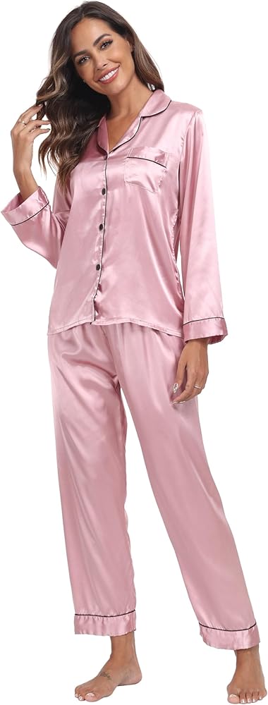 Super Shopping-zone Women's Satin Pajama Set Long Sleeve Pajamas Button Down Pjs Set Silky Sleep Set Sleepwear Loungewear