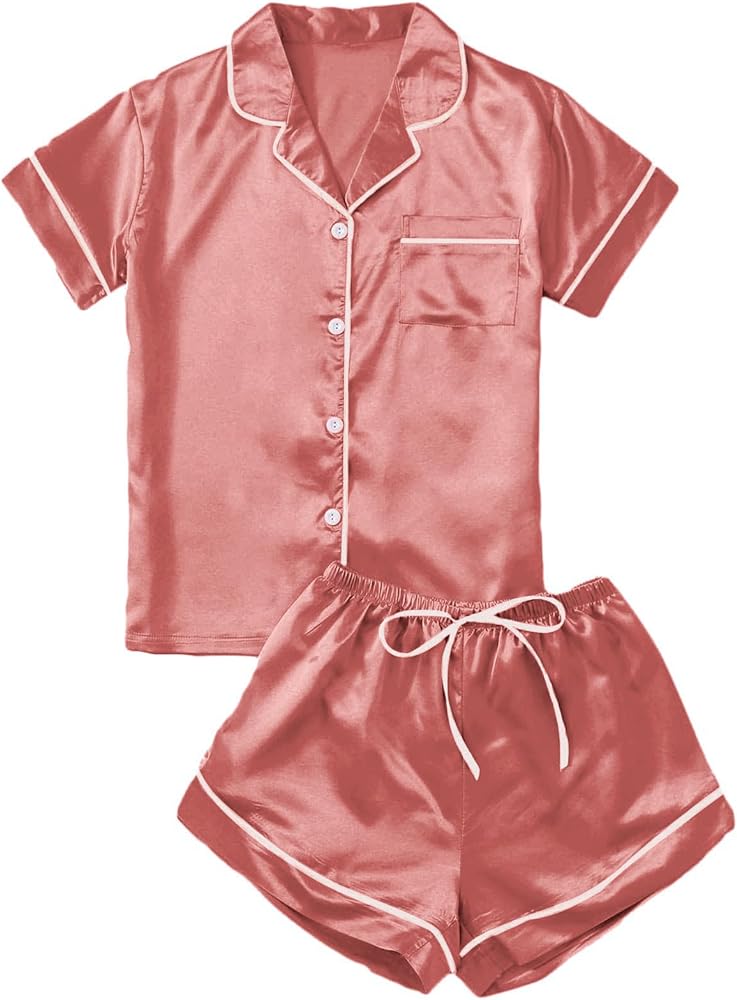 Verdusa Women's 2pc Satin Nightwear Button Front Sleepwear Short Sleeve Pajamas Set