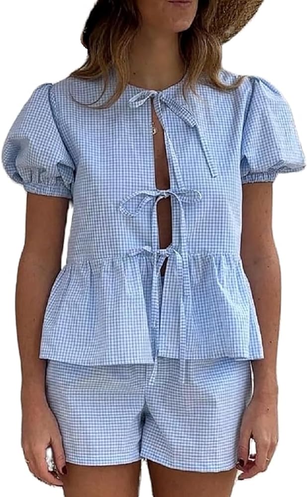 Aonoapll Women 2 Piece Pajama Set Gingham Short Sleeve Tie Front Shirt and Shorts Lounge Set Sleepwear Summer Outfits