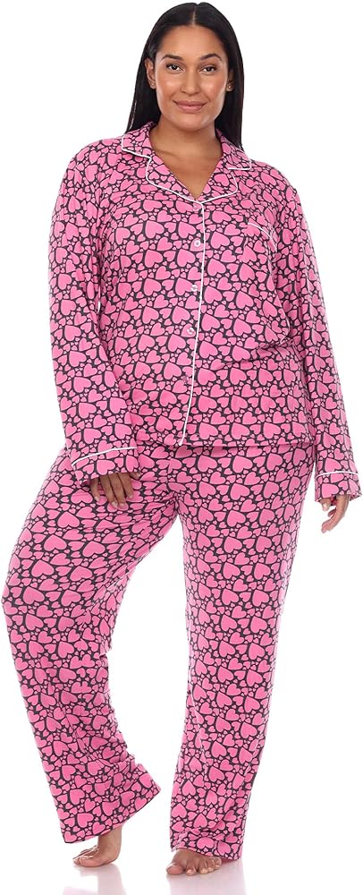 white mark Women's Plus Size Super Soft Heart Print Long Sleeve Top and Full-Length Pajama Bottoms Set with front Pocket