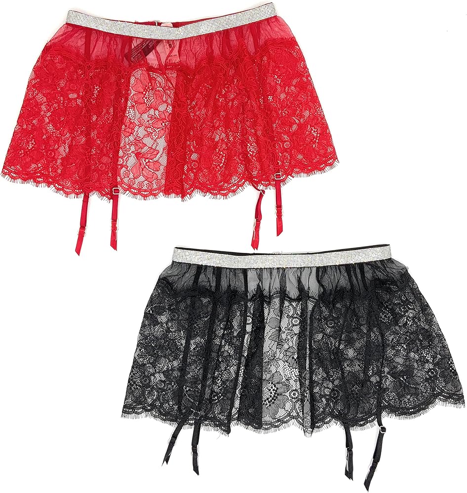 Victoria's Secret Very Sexy Shine Lace Skirt Panty with Garters, Black/Lipstick Lace, XS/S