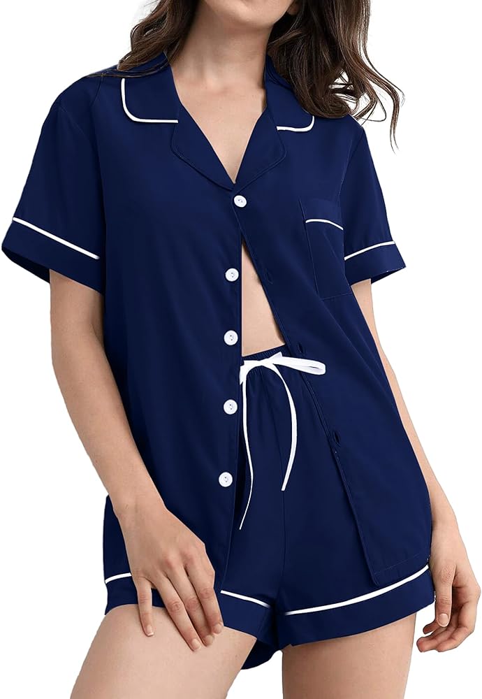 SWOMOG Pajamas for Women Soft Pjs Set Modal Pajama Set Short Sleeve Button Up Pajama Top Pj Shorts Sleepwear