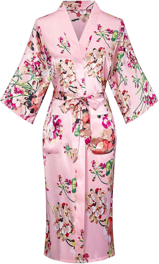 DandyChic Women's Long Floral Satin Robes Imitation Silk Sleepwear Bridal Dressing Gown for Bridesmaid Nightgown