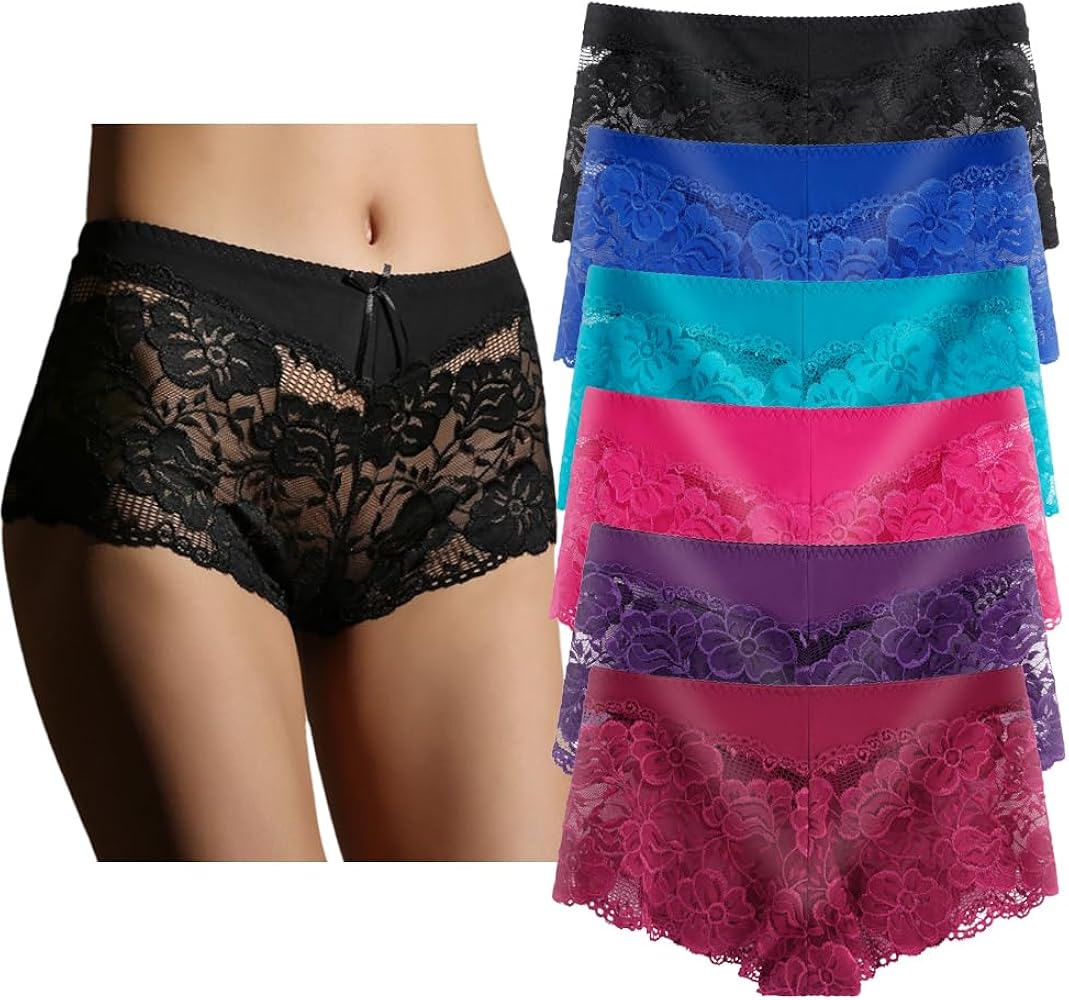 Women's Underwear Regular & Plus Size Panties Lace Boyshort Hipster Cheeky Panty- 6 Pack