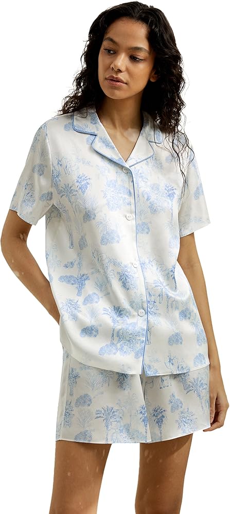 LilySilk 100% Silk Pajama Set for Women Short 100% 19MM La Terra Printed Silk Sleepwear Set for Ladies 2PC PJ Set