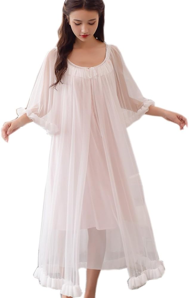 Womens Sexy Vintage Loungedress Nightgown 2 pcs Victorian Sleepwear Nightshirt Girls Pajamas