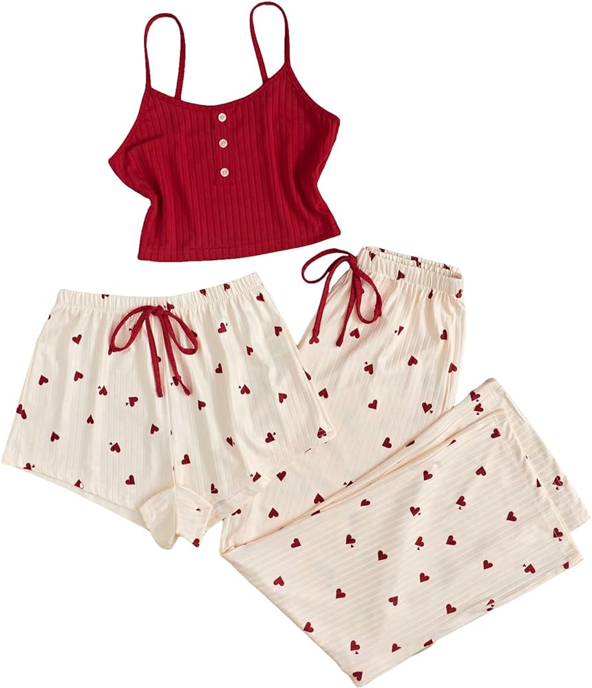 GORGLITTER Women's Cute Pajamas Set 3 Piece Heart Print Cami Top Shorts Pants Set Loungewear